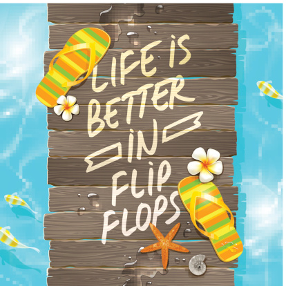 Summer vacation vector design - Wooden gangway with flip-flops and hand drawn saying.