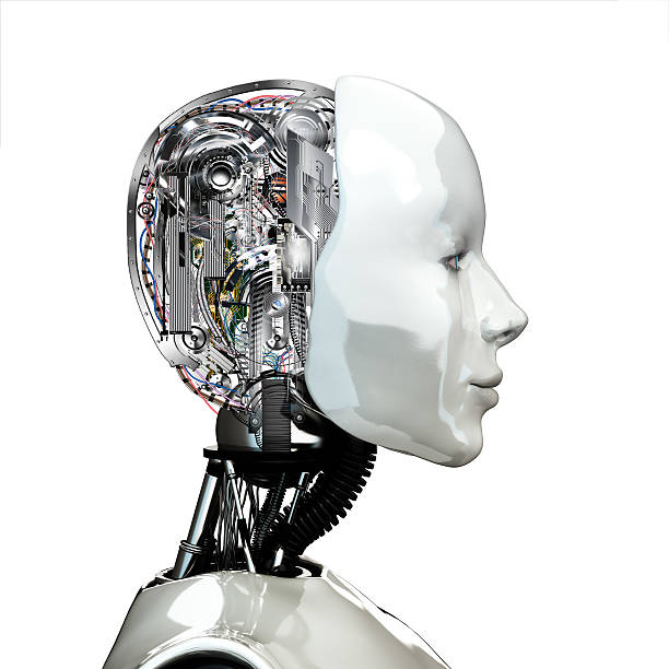 Robot woman head with internal technology stock photo