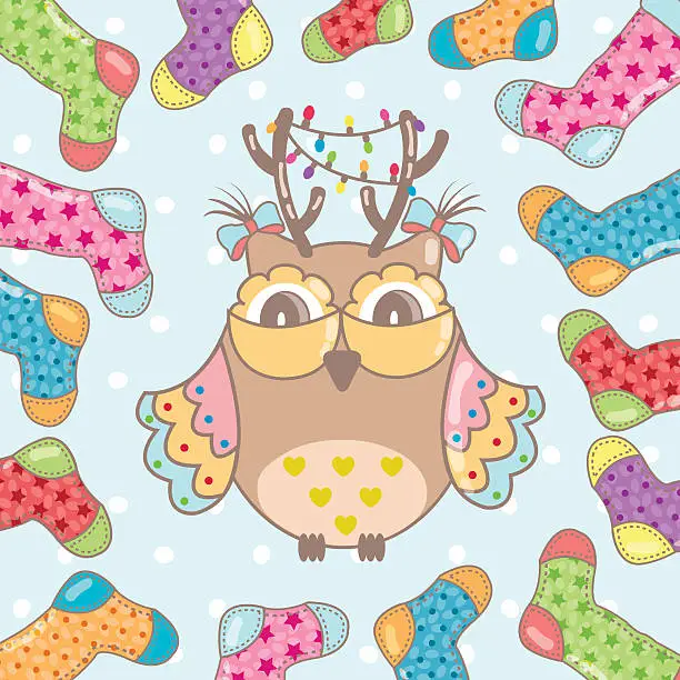 Vector illustration of Christmas card with owl and Christmas socks on a blue background