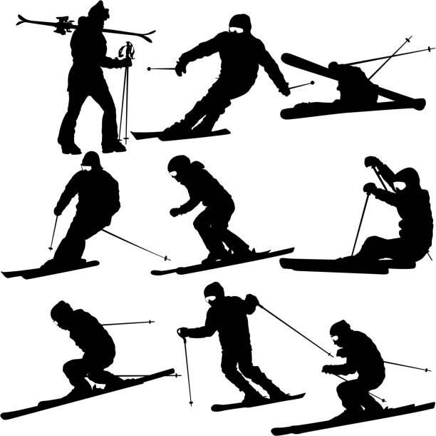 stockillustraties, clipart, cartoons en iconen met set mountain skier   speeding down slope. vector sport silhouett - skivakantie