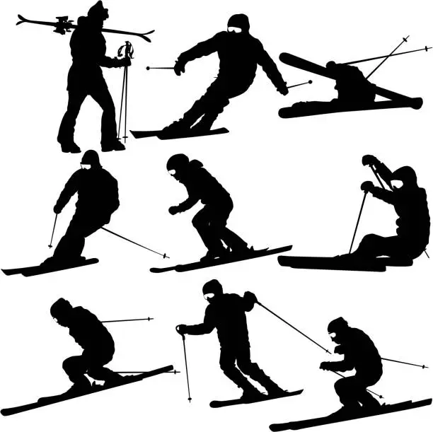Vector illustration of Set mountain skier   speeding down slope. Vector sport silhouett