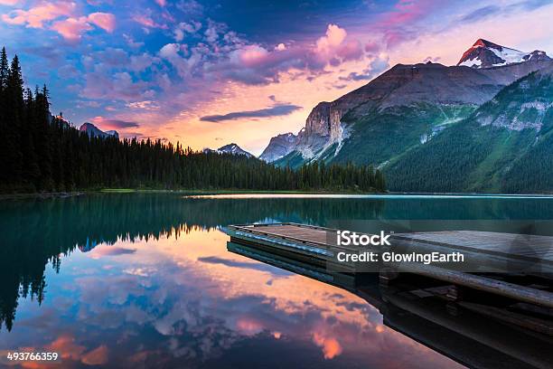 Dawn At Maligne Lake Stock Photo - Download Image Now - Canada, Jasper National Park, UNESCO World Heritage Site