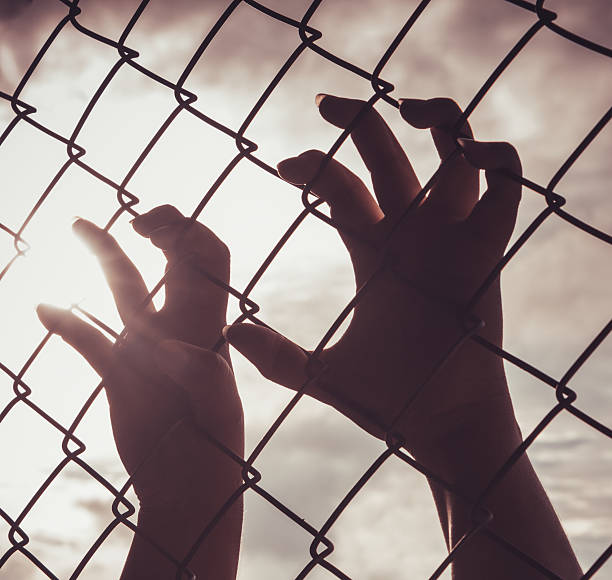 istock Female hand holding on chain link fence 493766882