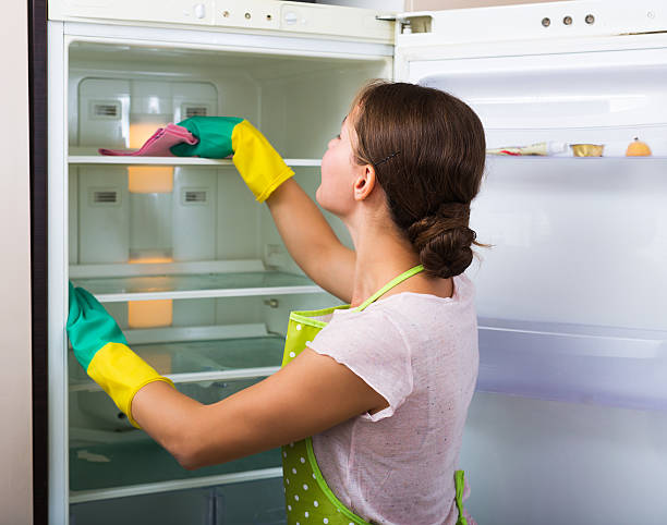 Housewife cleaning refrigerator Adult housewife cleaning refrigerator inside and smiling clean fridge stock pictures, royalty-free photos & images