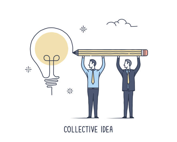 Collective Idea Abstract and symbolic presentation. Collective Idea. Business people trying draw one big light bulb. Outline vector illustration. entrepreneur drawings stock illustrations