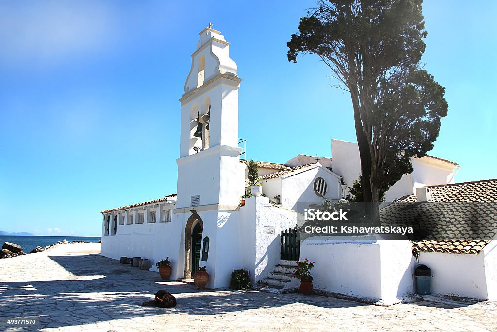 Monastery in Greece. Monastery in Greece. Sea view. Mountain view. Kerkyra. Corfu. Mouse island. Church on small island in the midst of the ionian sea 2015 Stock Photo