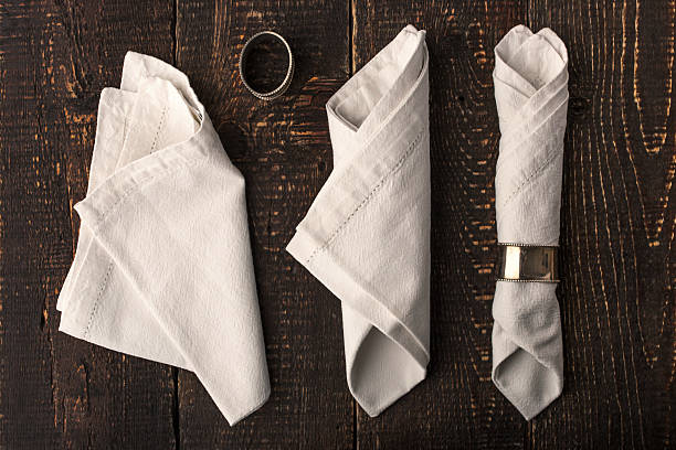Set of the napkins with vintage ring top view stock photo