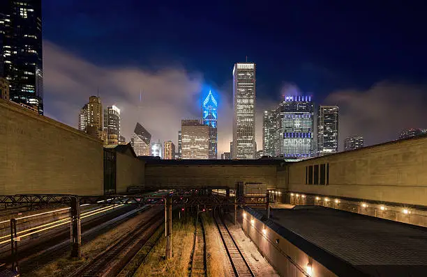Looking North from the Electric Metra tacks in Grant Park, a large cloud of fog engulfs numerous Lakeshore East building.