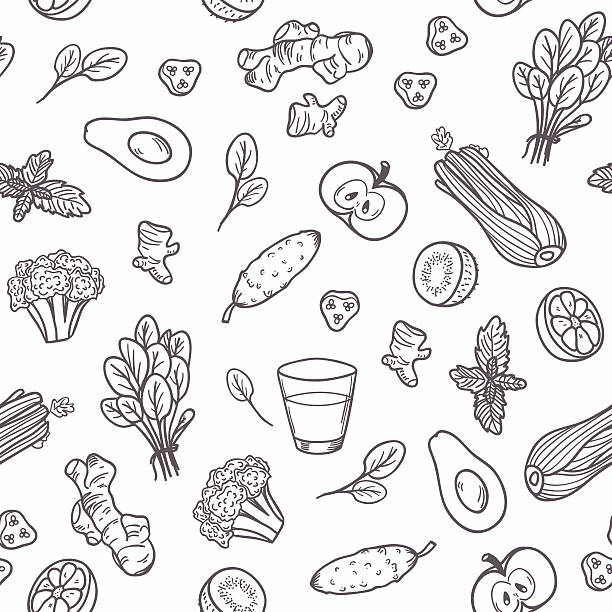 illustrazioni stock, clip art, cartoni animati e icone di tendenza di contorno disegno a mano verdure pattern senza bordi. alimentazione sana sfondo - juice celery drink vegetable