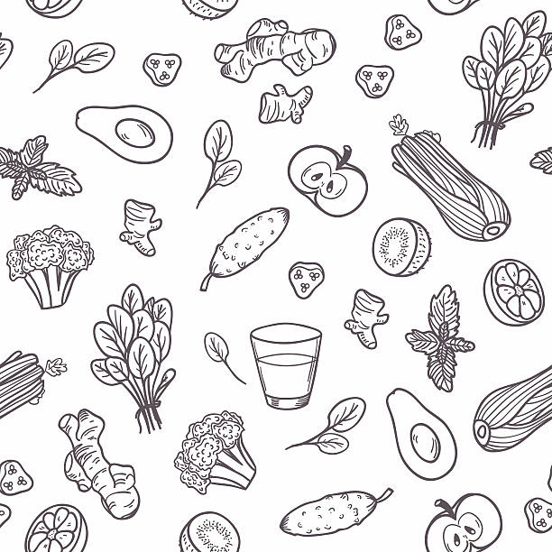 ilustrações de stock, clip art, desenhos animados e ícones de mão desenhado um contorno produtos hortícolas sem costura padrão. saudável comer fundo - espinafres