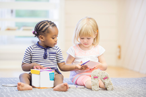 A multi-ethnic group of toddlers are sitting on the floor looking at picture books together.