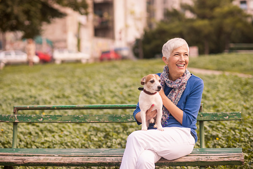 Beautiful mature woman sitting at bench in park with dog