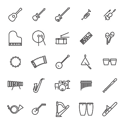 Collection of 25 black musical instruments line icons