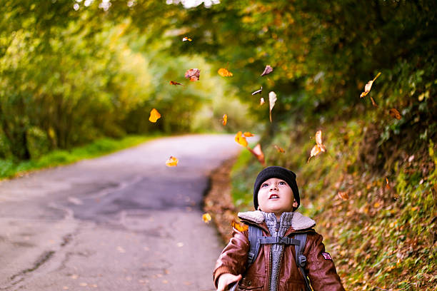istock Boy throws autumn leaves in the air 493789268