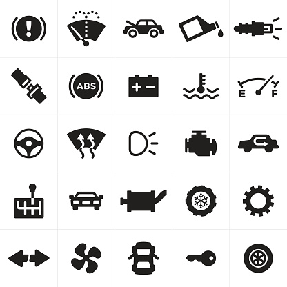 Car, vehicle and automotive symbols. Includes symbols for car maintenance, driving safety, car repair and car parts symbols.