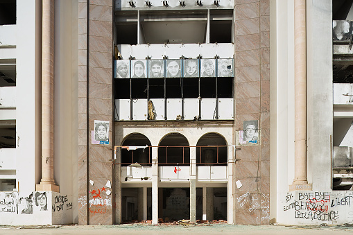 Sfax, Tunisia - November 30, 2011: Exterior of the Democratic Constitutional Rally party building ruined during the Arab spring in Sfax, Tunisia.