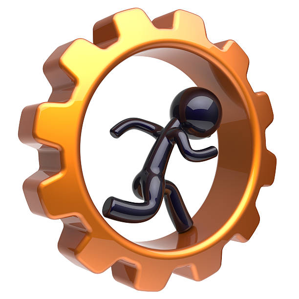 istock Gearwheel man character running inside gear wheel stylized 493793590