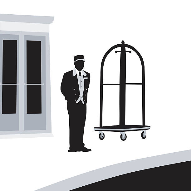 Doorman Hotel Resort A vector silhouette illustration of a doorman or bellhop standing between a hotel entrance and curb waiting for guests.  He stands in his uniform with hands behind back near a luggage cart. doorman stock illustrations