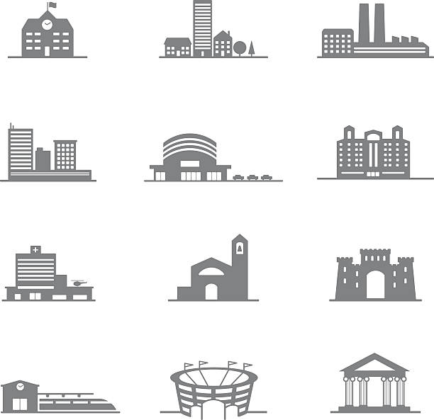 ilustrações, clipart, desenhos animados e ícones de conjunto completo de vetor ícones de edifícios da cidade - office building car industrial district business