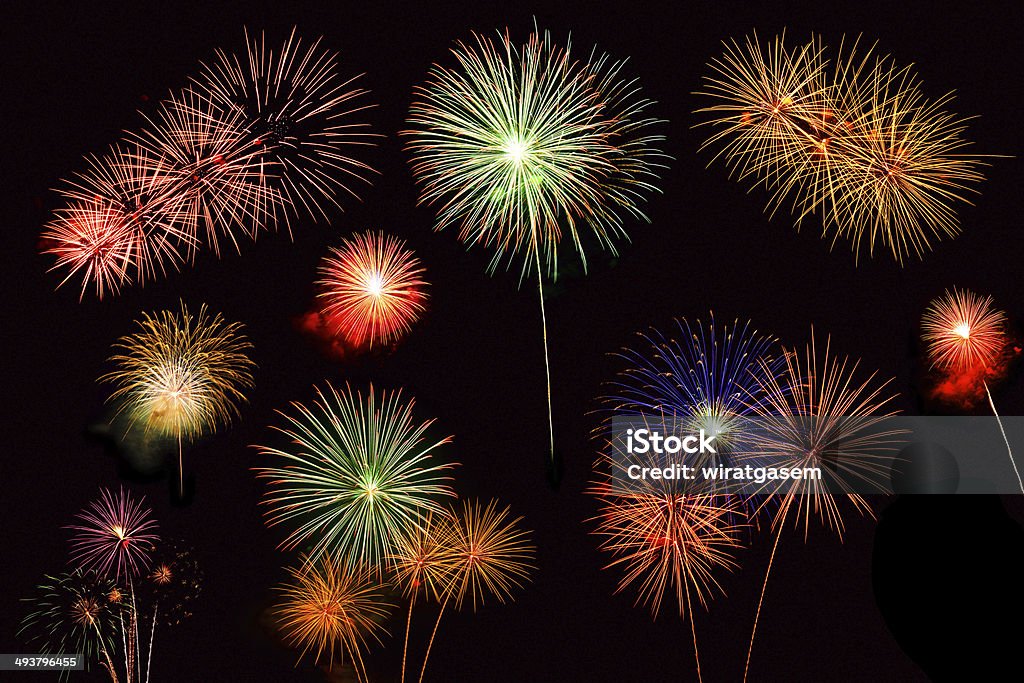 Collage of a variety of colorful fireworks Collage of a variety of colorful fireworks isolated on black background Bunch Stock Photo