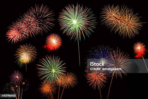 Collage Of A Variety Of Colorful Fireworks Stock Photo - Download Image Now - Bunch, Firework - Explosive Material, Firework Display