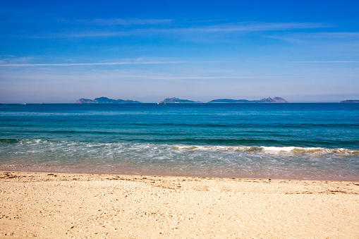 Cíes islands archipelago seen from Samil beach near Vigo city, Galicia, Spain in a sunny day.