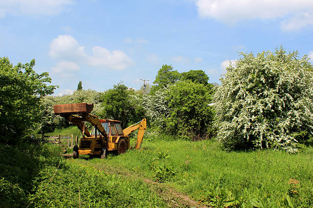Photo showing an old yellow digger that was parked up in a countryside field many years ago.  The digger is slowly starting to rust away, gradually falling apart as the years go by.  The lush, fresh grass and flowering hawthorn hedgerow contrast with this decaying construction vehicle.