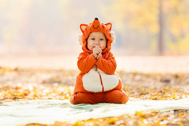 Cute baby boy dressed in fox costume stock photo