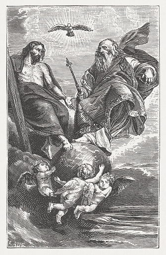 The Holy Trinity. Woodcut engraving after a painting (1616/17) by Peter Paul Rubens (Flemish painter, 1475 - 1564) in Staatsgalerie Neuburg, Bavaria, published in 1881.