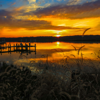 Sunset on the Patuxent River at Lower Marlboro Landing a historical War of 1812 site in Calvert County, Maryland.