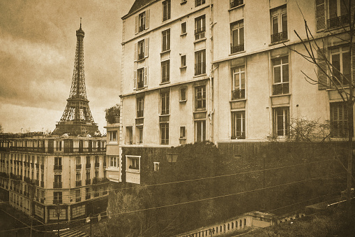 Vintage retro old styled paris sepia photography with eiffel tower