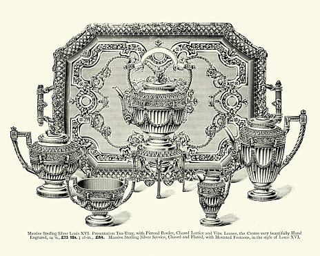 Vintage engraving of Silverware, Tea Trau, and Silver Tea Service, Chased and Fluted with Mounted Festoons in the style of Louis XVI, 1899