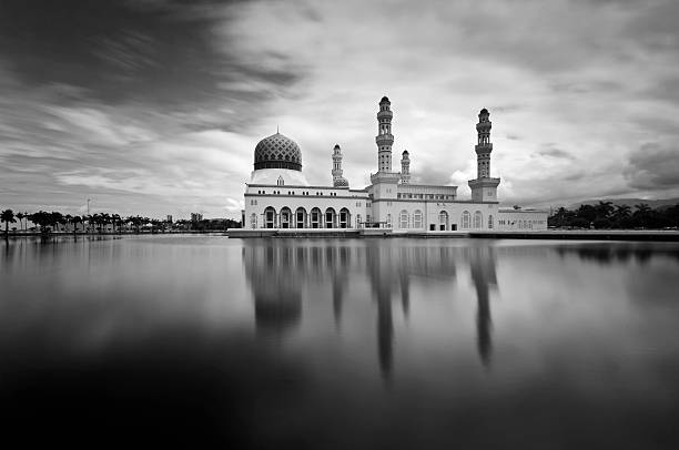 Kota Kinabalu City Floating Mosque, Sabah Borneo East Malaysia in black and white