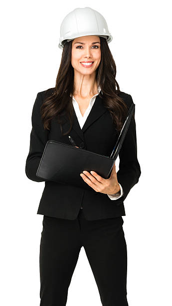 istock Businesswoman with Hardhat on white 493829648