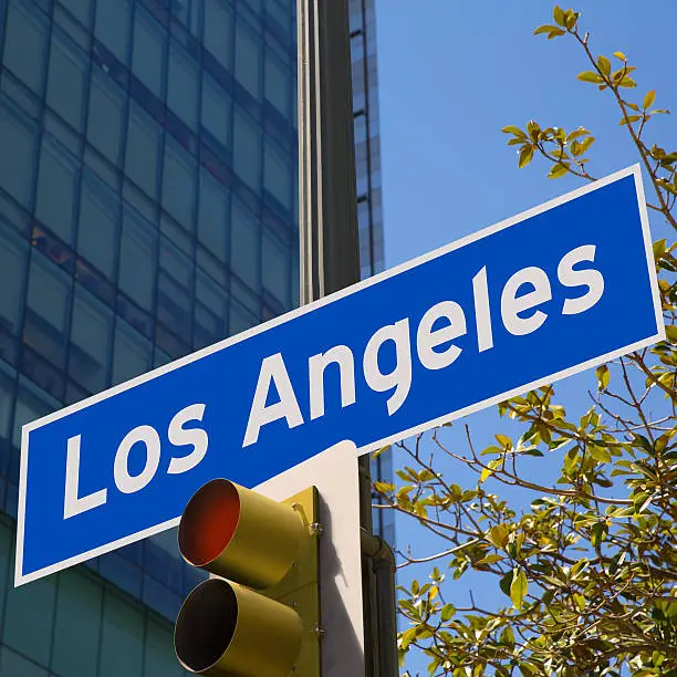 Photo of LA Los Angeles sign in redlight photo mount on downtown