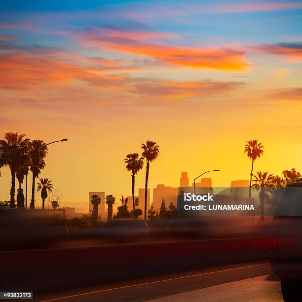 La Los Angeles Sunset Skyline With Traffic California Stock Photo - Download Image Now