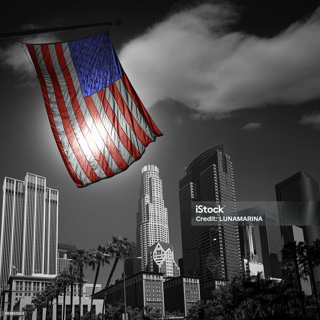 USA United States flag in black and white LA downtown USA United States flag in black and white LA downtown skylines. Photomount, image is not oversized Black And White Stock Photo