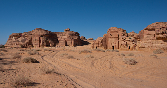 tombs and landscape in Al-Hijr Al Hijr archaeological site Madain Saleh in Saudi Arabia