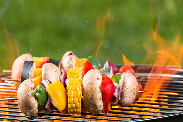 istock Grilled vegetarian skewers on fire 493834845