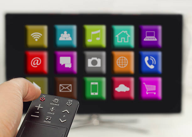 istock press the on/off button, smart tv with apps 493835173