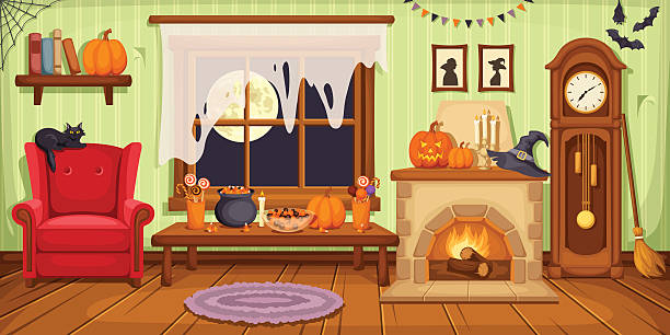 ilustrações, clipart, desenhos animados e ícones de halloween quarto interior. ilustração vetorial. - fairy tale house witch candy