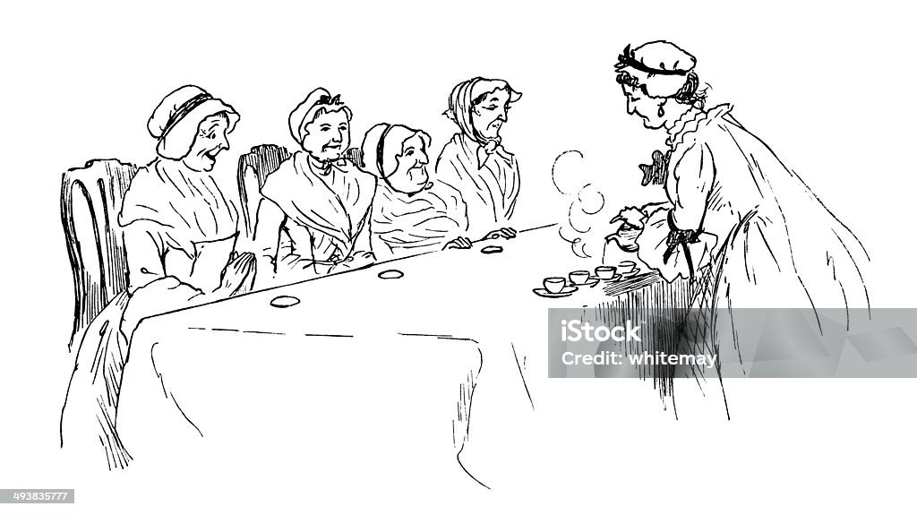 Georgian ladies taking tea A group of excited Georgian ladies about to sample bowls of tea which are being poured out for them. Tea was an expensive luxury in the 18th century, so it is likely that these ladies had never sampled it before. Teacups did not have handles in those days and were known as teabowls. From “R. Caldecott’s Second Collection of Pictures and Songs” containing “The Milkmaid”, “Hey Diddle Diddle”, Baby Bunting”, The Fox Jumps Over the Parson’s Gate”, “A Frog He Would a-Wooing Go”, “Come Lasses and Lads”, “Ride a Cock Horse…”, “A Farmer Went Trotting…”, “Mrs Mary Blaize” and “The Great Panjandrum Himself”. Drawn by Randolph Caldecott; engraved and printed by E. Evans. Published by George Routledge & Sons, London & New York, c1885. Women stock illustration