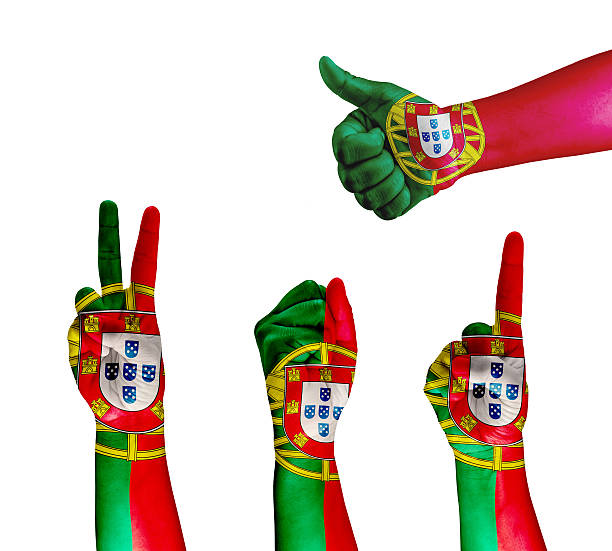 Set of Portugal flag painted on hand isolated on white background
