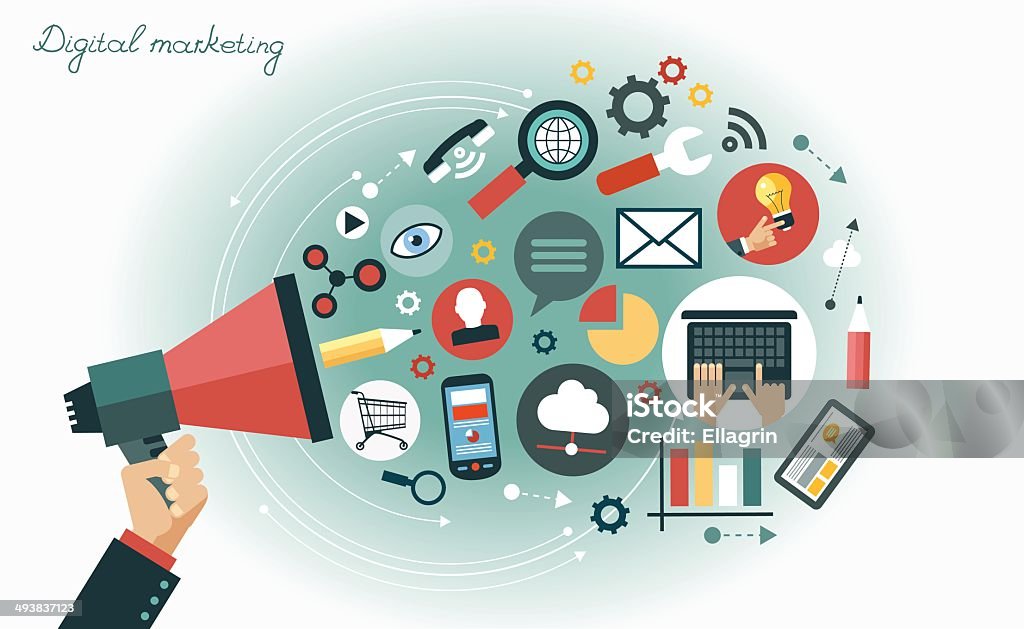 Digital marketing concept Digital marketing concept. Human hand with a megaphone surrounded by media icons Marketing stock vector