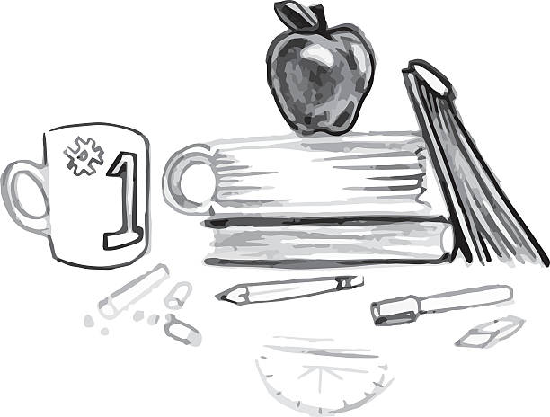 illustrazioni stock, clip art, cartoni animati e icone di tendenza di set di istruzione con pila di libri, mela e tazza - apple stack white backgrounds