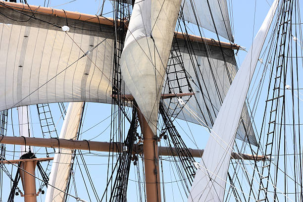 Tall Ship Rigging Mast Sails Tall ship mast with mainsails, studding sails, staysails, booms, spars and rigging. gaff rigged stock pictures, royalty-free photos & images