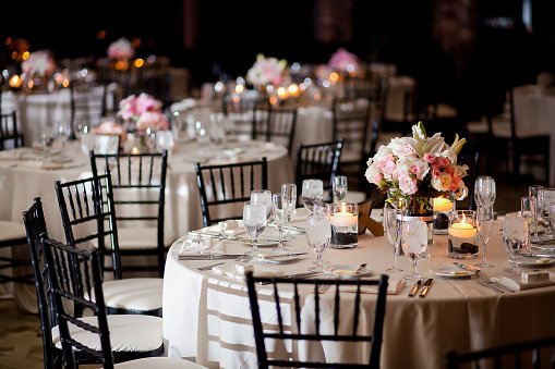 Tables with centerpieces at wedding reception