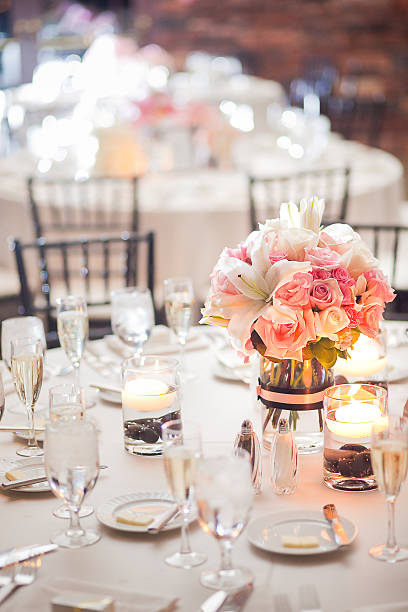 istock Tables with centerpieces at wedding reception 493839126