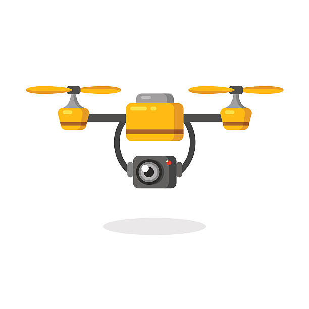 Aerial photography drone Quadcopter aerial drone with camera for photography or video surveillance. Flat cartoon vector illustration. drone illustrations stock illustrations