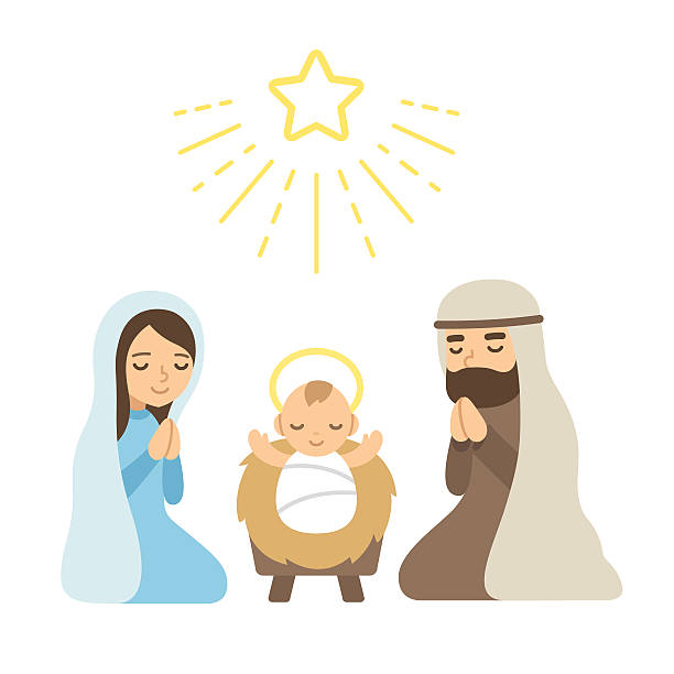 Cartoon Nativity Scene Christmas Nativity Scene with baby Jesus. Modern flat vector illustration. praying child christianity family stock illustrations